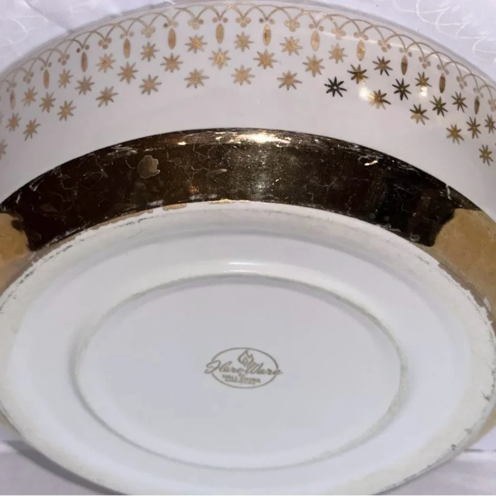 Hall China Starburst Flare Ware Casserole Pedestal Set Atomic MCM Gold Lid Dish